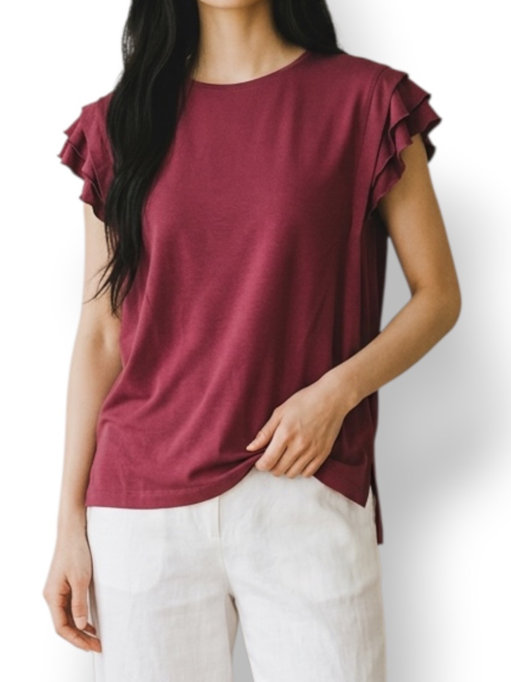 4/$20 Natural Couture Ruffle Sleeve Knit Top Dusty Rose High Low Hem Blouse S/M